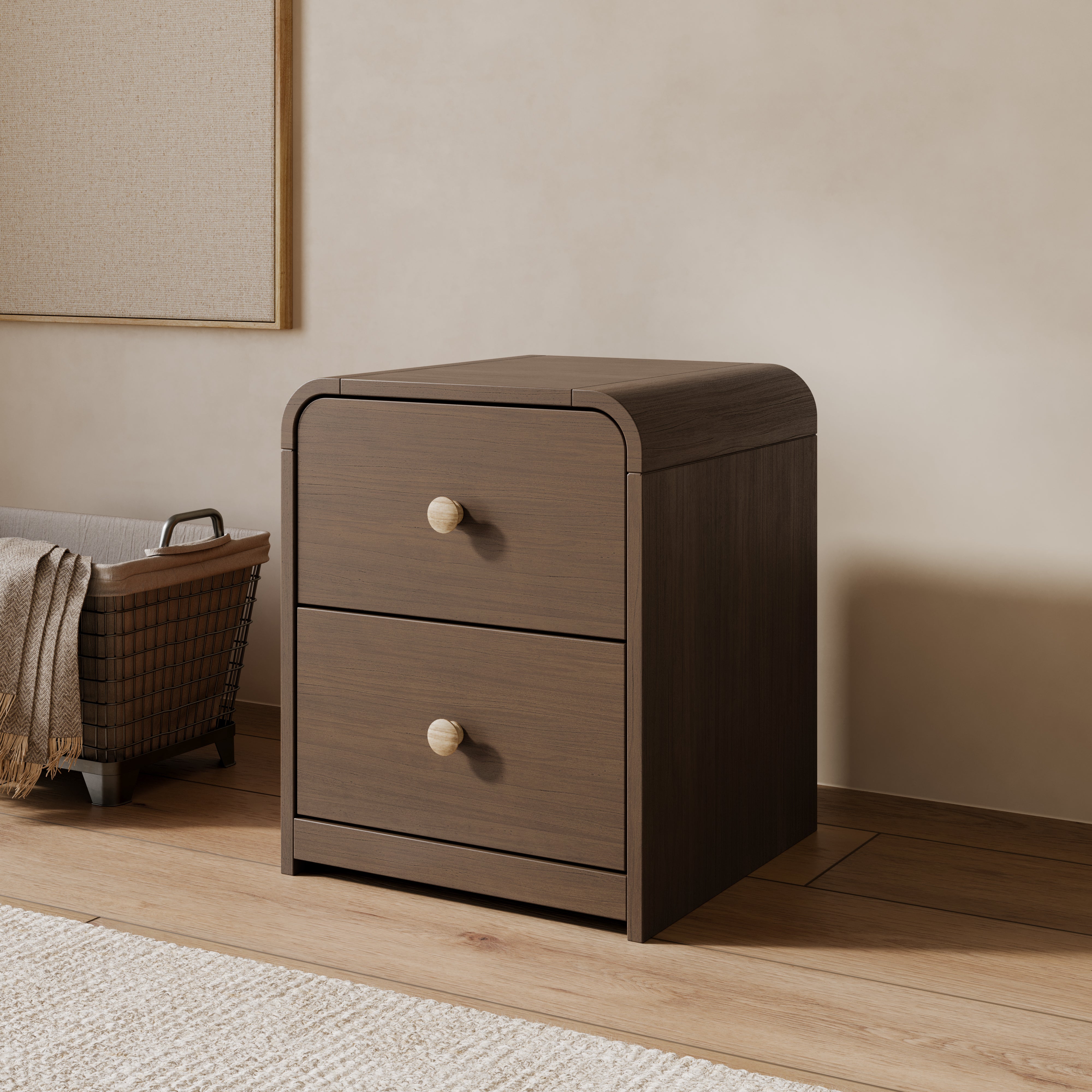 storkcraft santos 2 drawer nightstand hazelnut with driftwood in kids room
