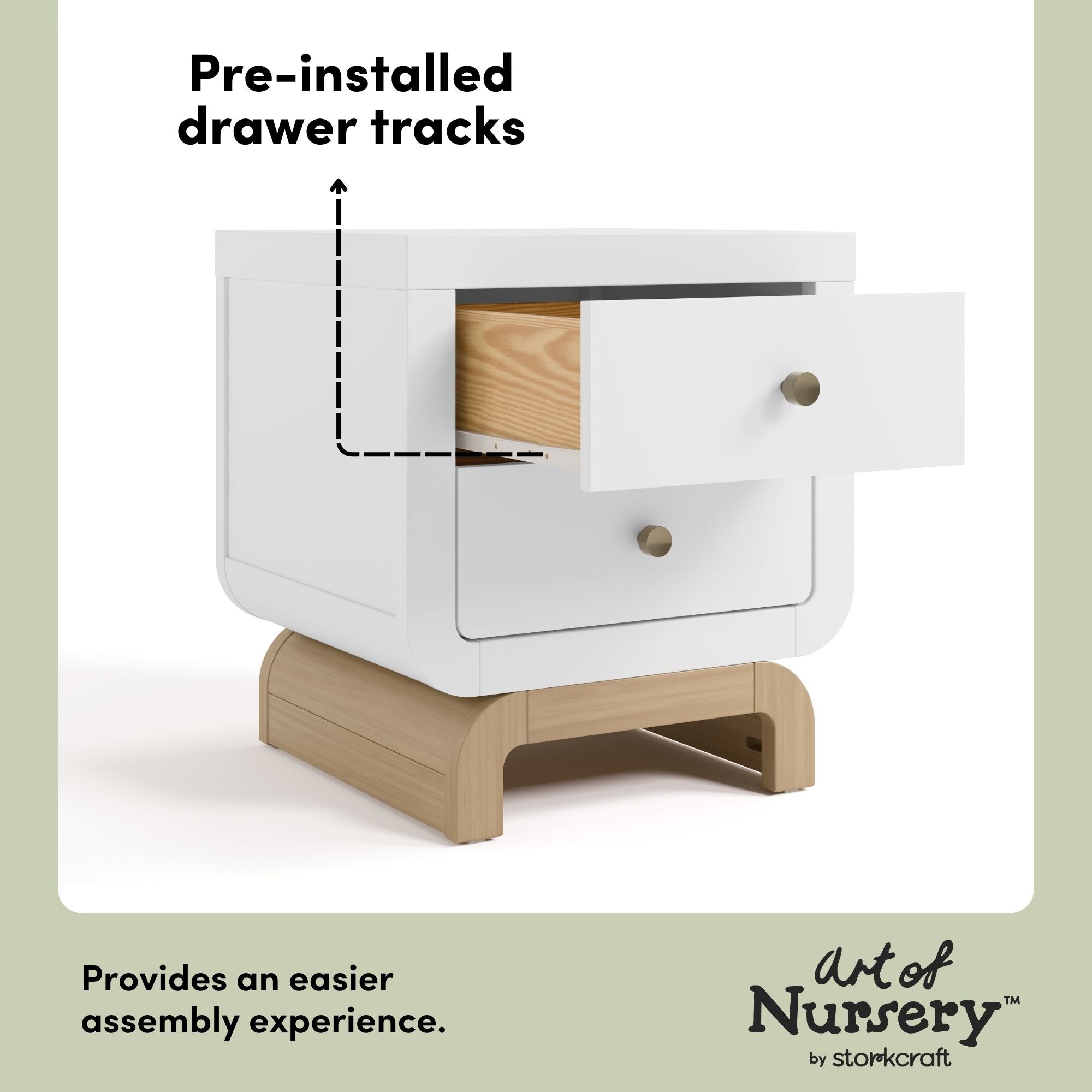 Santorini white with driftwood 2 drawer nightstand pre-installed drawer tracks callout