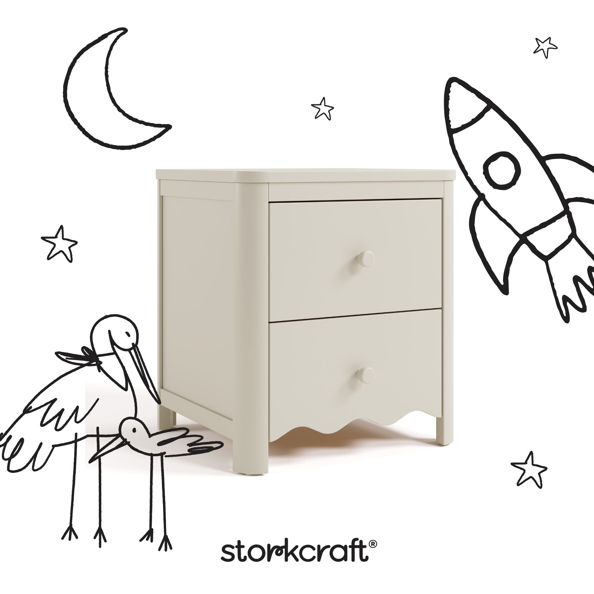 Casablanca frosted oat 2 drawer nightstand with black doodles overlaid on image