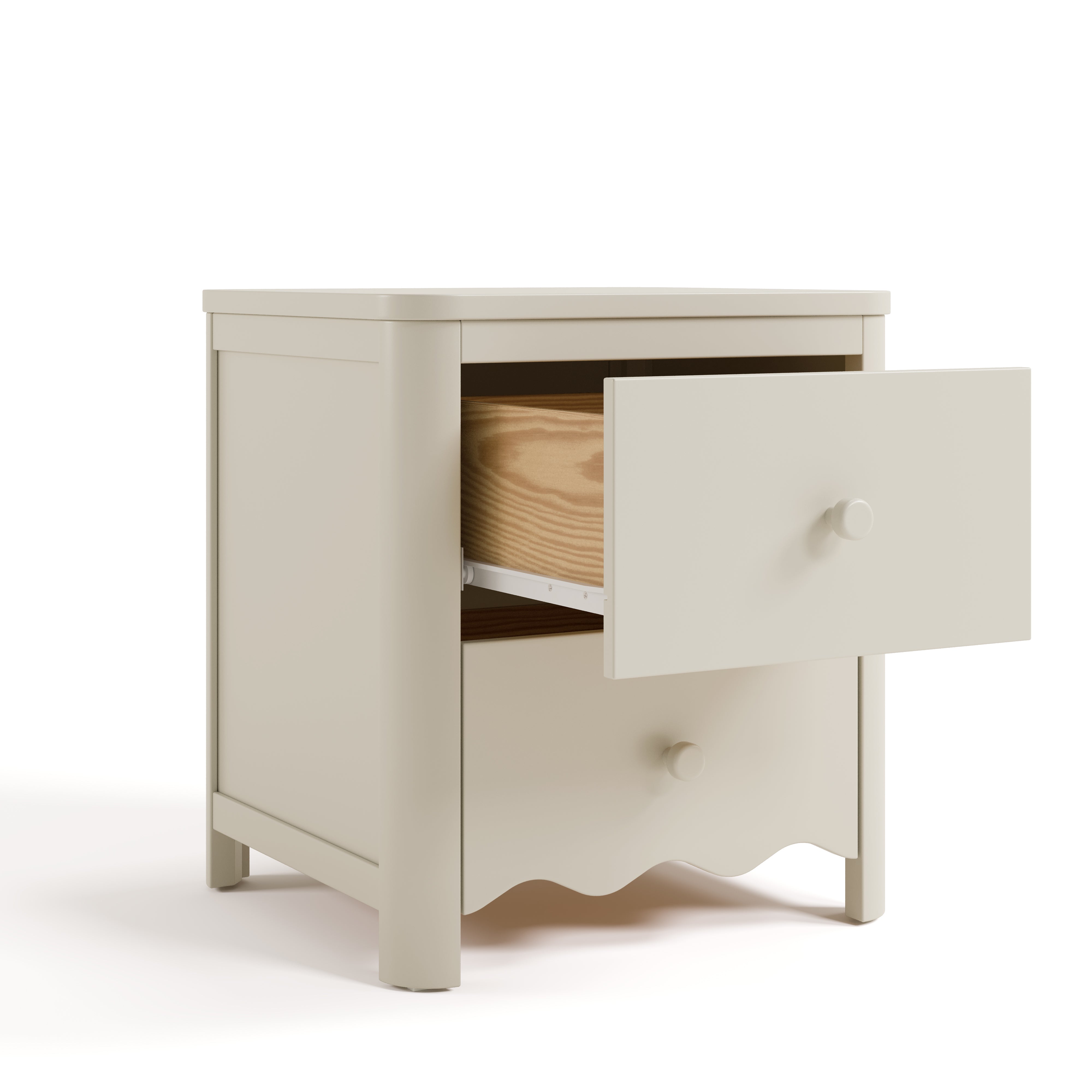 Casablanca frosted oat 2 drawer nightstand angle view with top drawer open