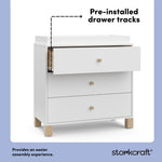 California white with driftwood 3 drawer chest with changing topper pre-installed drawer tracks callout
