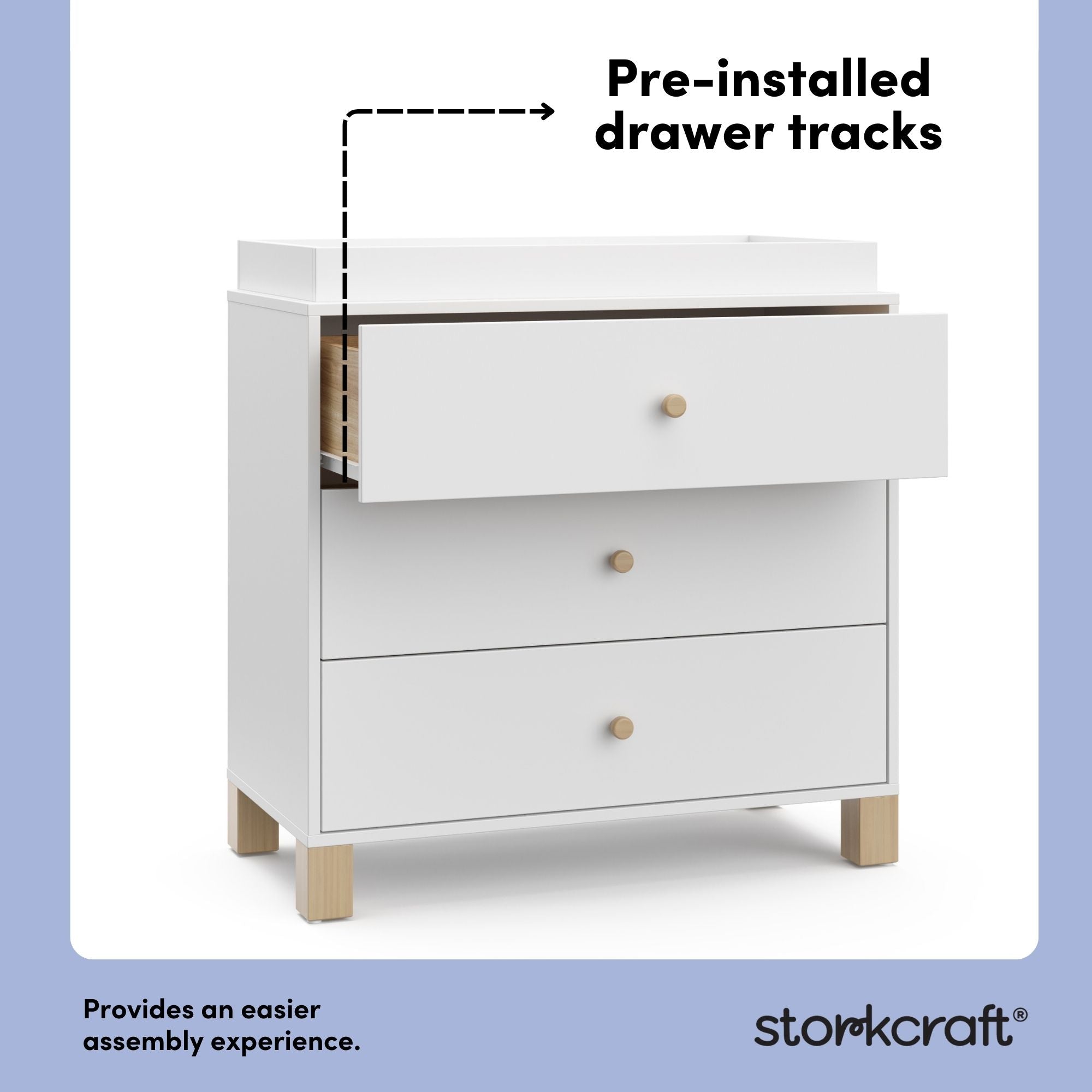 California white with driftwood 3 drawer chest with changing topper pre-installed drawer tracks callout