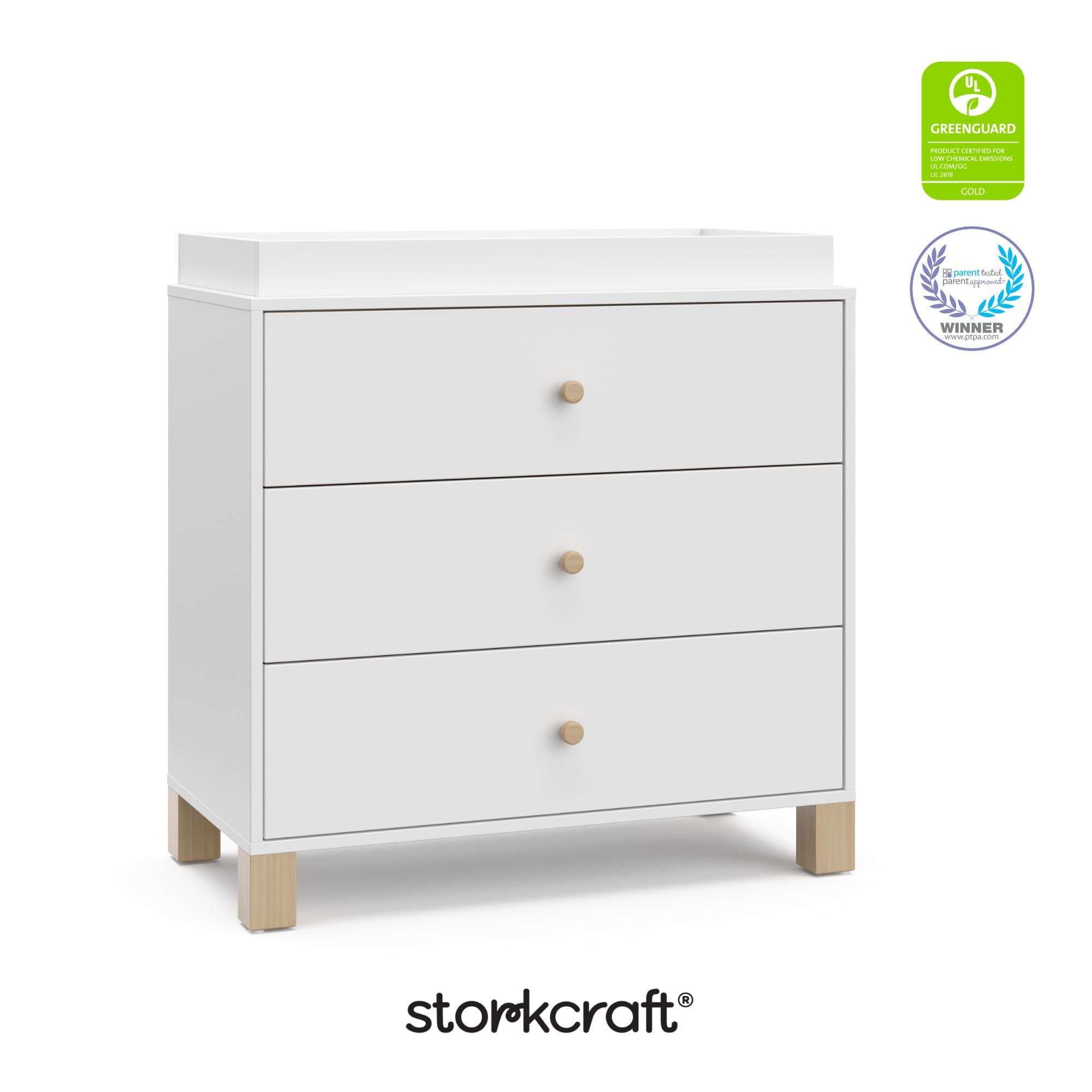 California white with driftwood 3 drawer chest with GGG and PTPA logos on top right