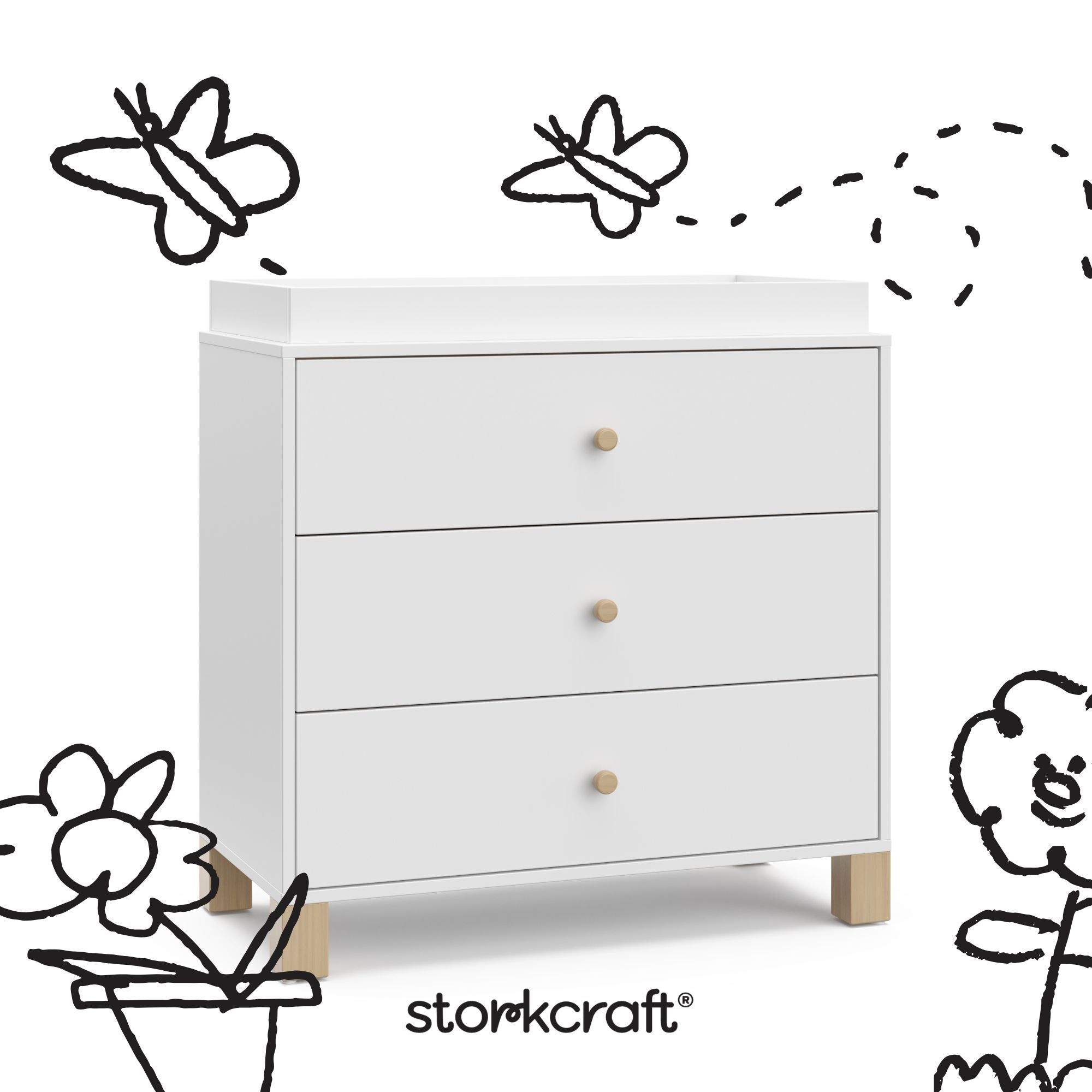California white with driftwood 3 drawer chest with black doodles overlaid on image