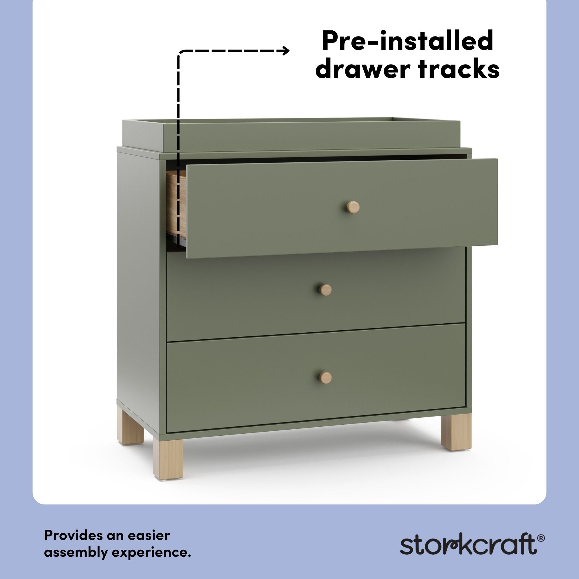 California olive with driftwood 3 drawer chest with changing topper pre-installed drawer tracks callout