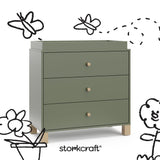 California olive with driftwood 3 drawer chest with black doodles overlaid on image