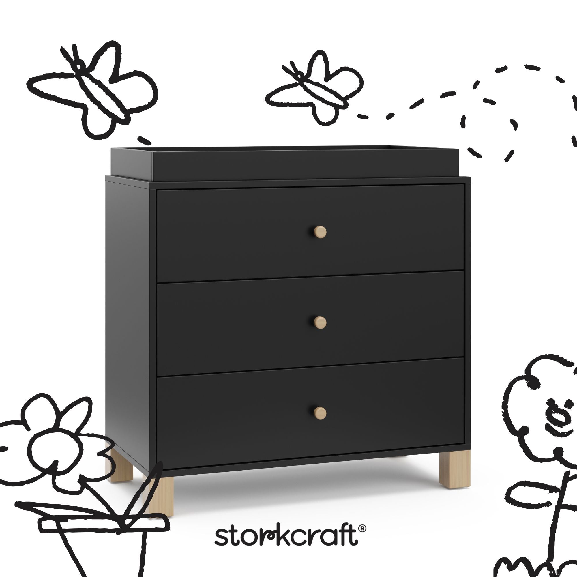 California black with driftwood 3 drawer chest with black doodles overlaid on image