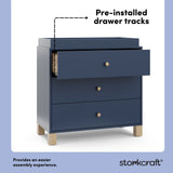 California midnight blue with driftwood 3 drawer chest with changing topper pre-installed drawer tracks callout