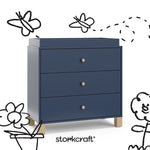 California midnight blue with driftwood 3 drawer chest with black doodles overlaid on image
