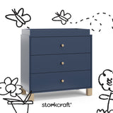 California midnight blue with driftwood 3 drawer chest with black doodles overlaid on image