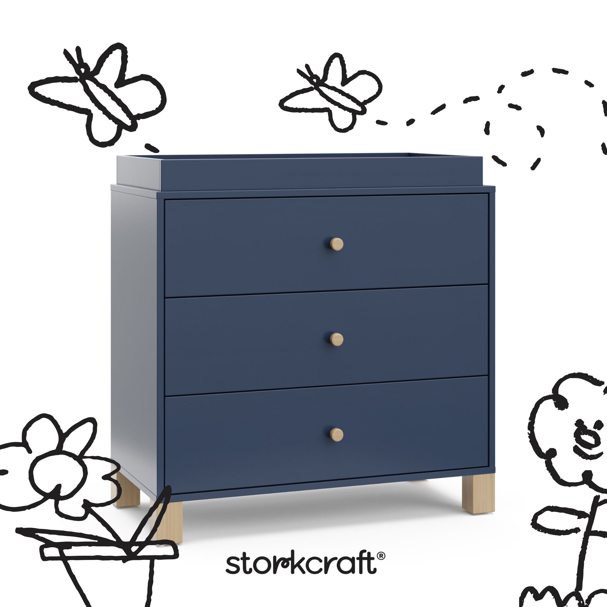 California midnight blue with driftwood 3 drawer chest with black doodles overlaid on image