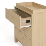 California driftwood 3 drawer chest with changing topper side view of top drawer open showing interlocking drawer mechanism