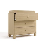 California driftwood 3 drawer chest with changing topper with top drawer open angle view