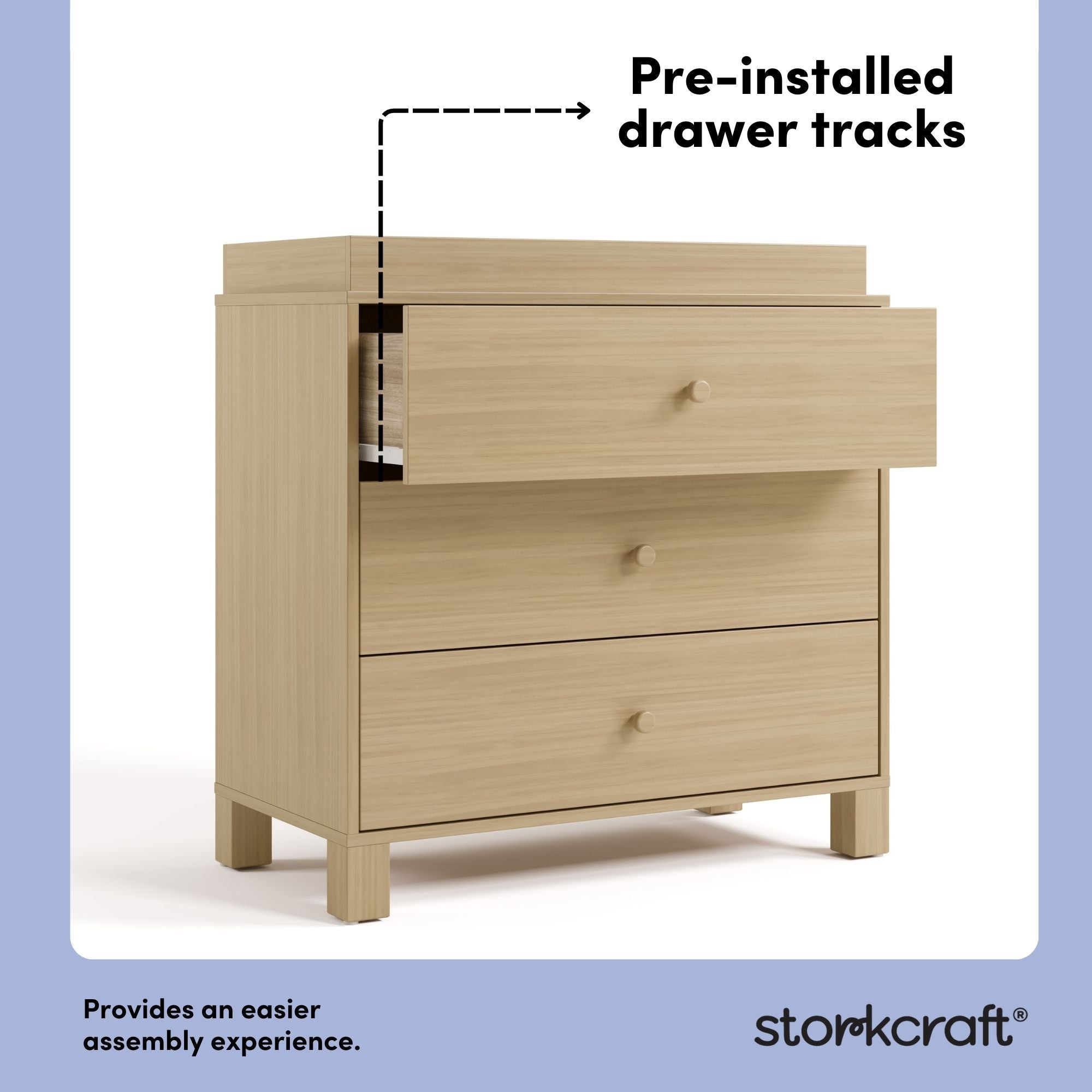 California driftwood 3 drawer chest with changing topper pre-installed drawer tracks callout