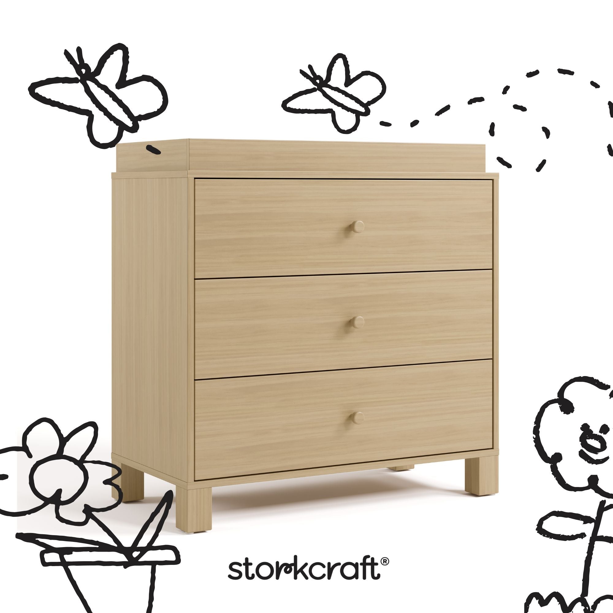 California driftwood 3 drawer chest with black doodles overlaid on image