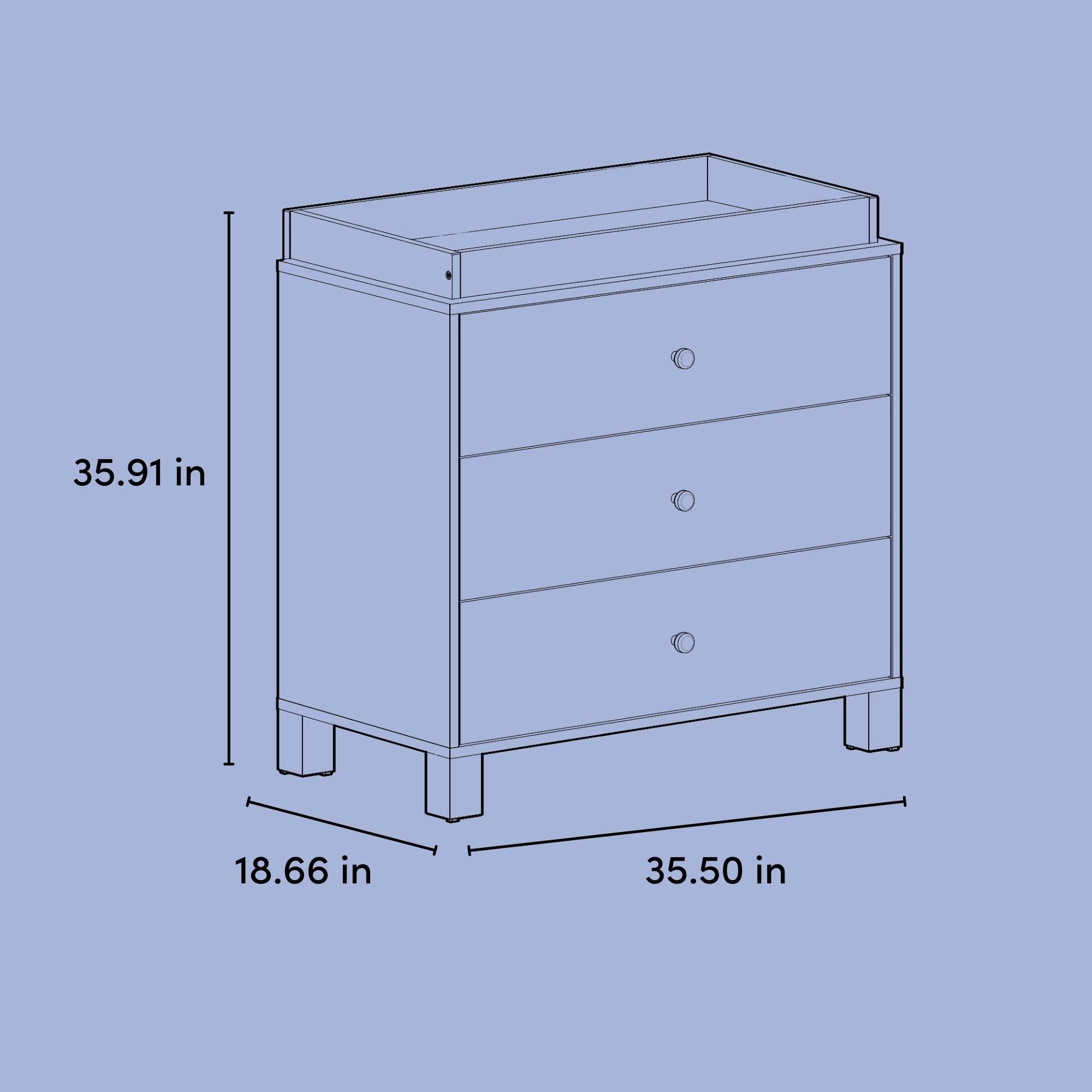California 3 drawer chest with changing topper drawing with dimensions