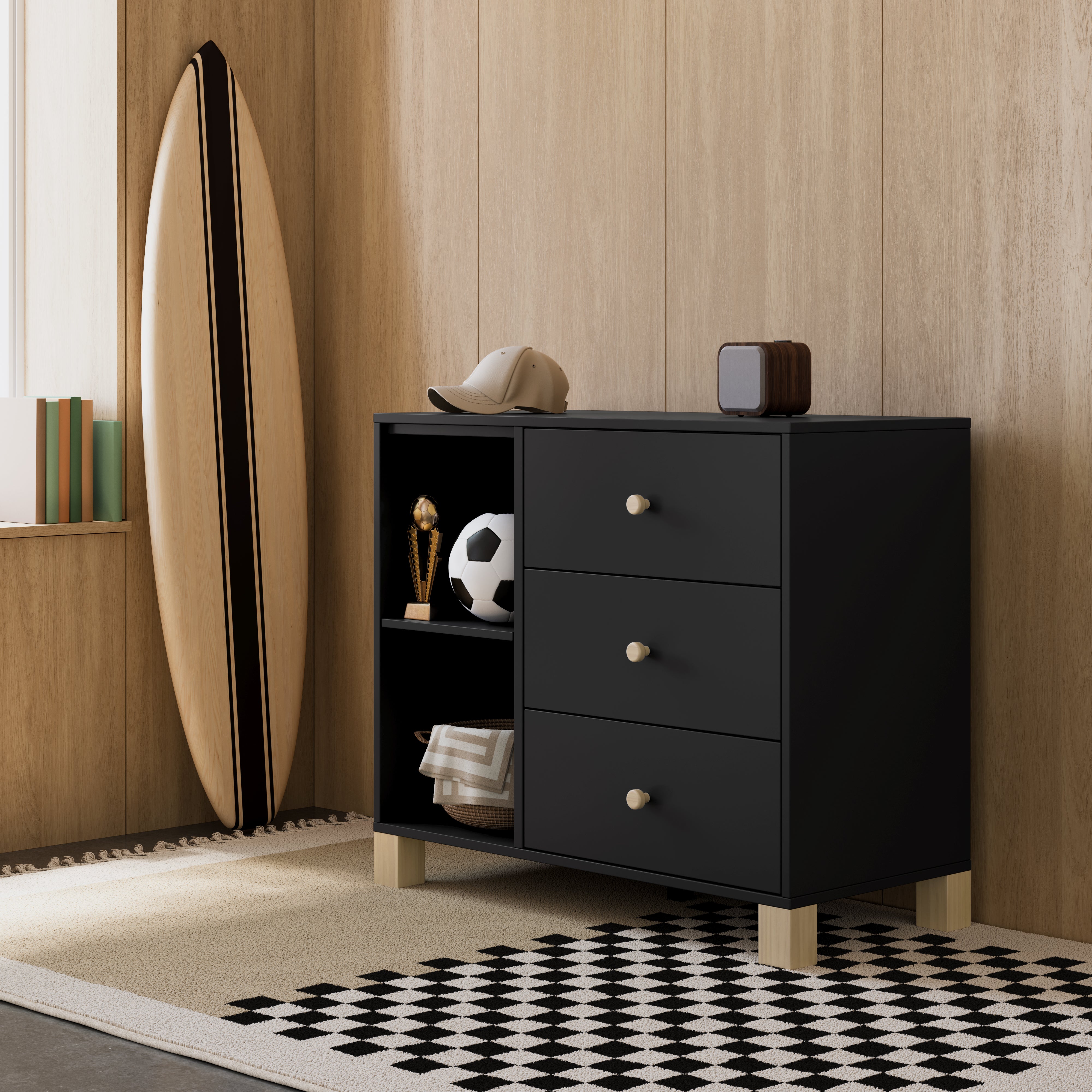 california 3 drawer combo dresser black with driftwood in kids room