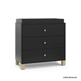 California black with driftwood 3 drawer chest with changing topper with 2024 Storkcraft copyright on bottom right