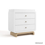 Santorini white with driftwood 3 drawer chest with changing topper with 2024 Storkcraft copyright on bottom right