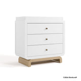 Santorini white with driftwood 3 drawer chest with changing topper with 2024 Storkcraft copyright on bottom right