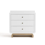 storkcraft santorini 3 drawer white with driftwood chest with topper front view