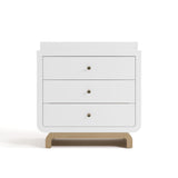 storkcraft santorini 3 drawer white with driftwood chest with topper front view