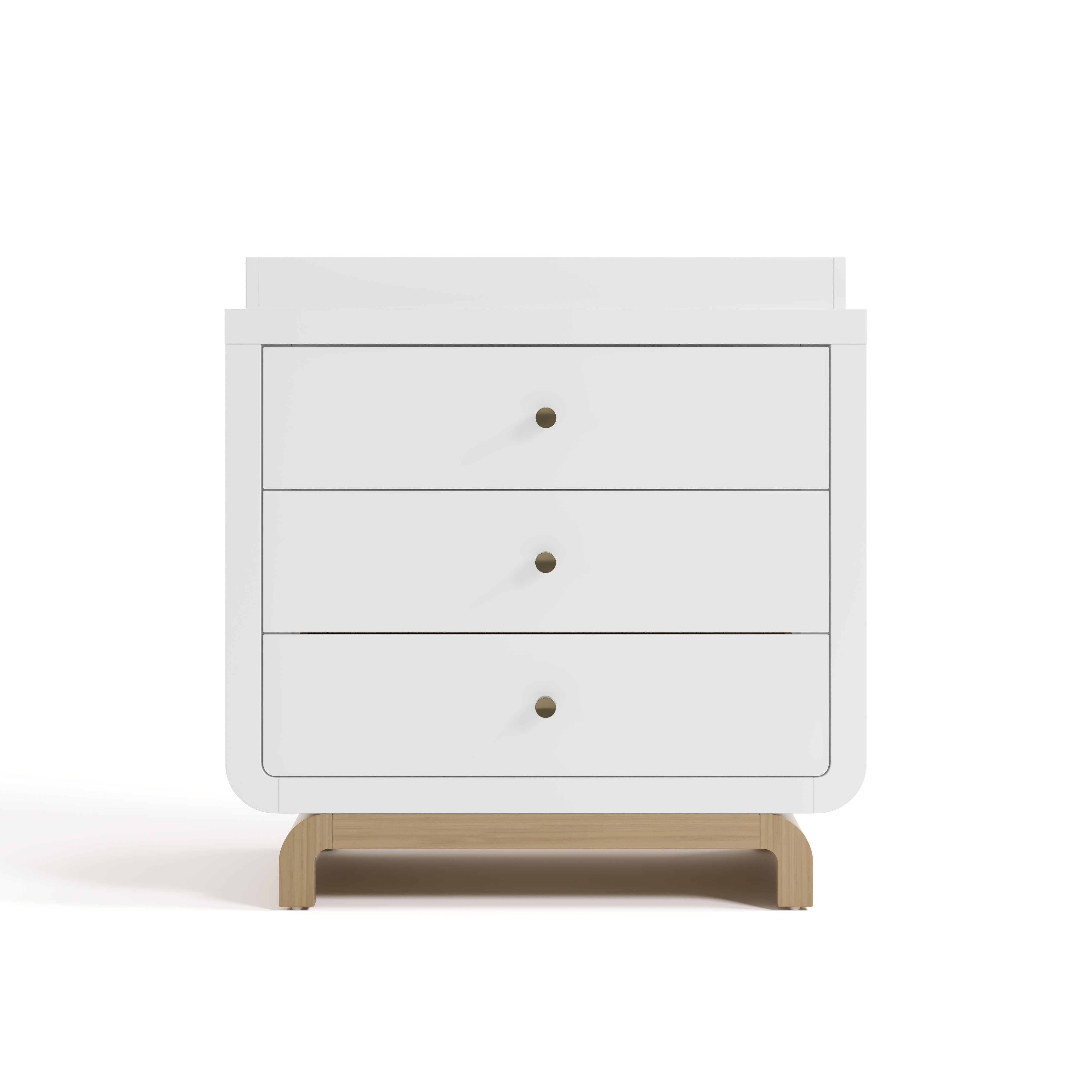 storkcraft santorini 3 drawer white with driftwood chest with topper front view
