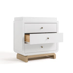 storkcraft santorini 3 drawer white with driftwood chest with topper and middle drawer open
