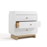 storkcraft santorini 3 drawer white with driftwood chest with topper and middle drawer open