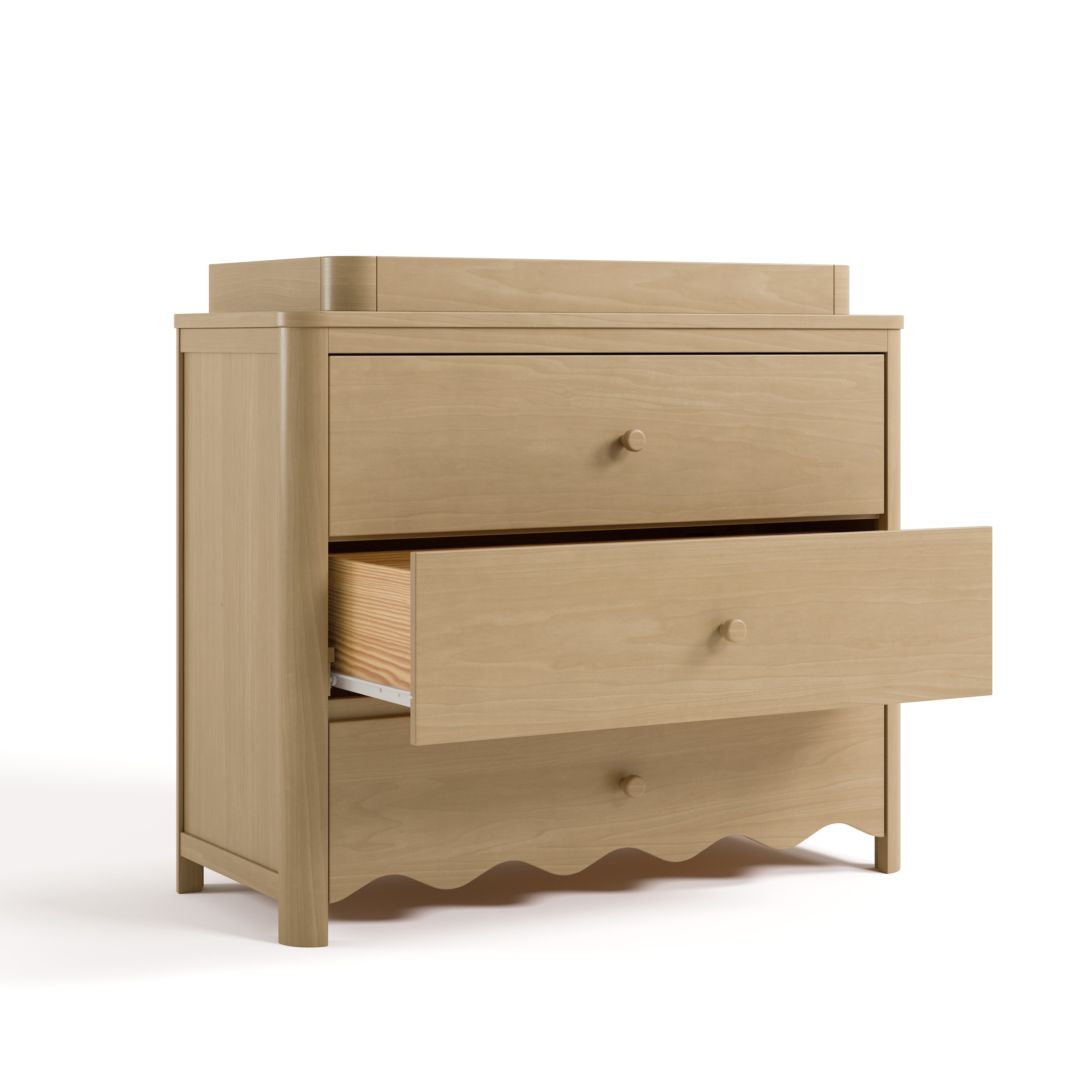 Casablanca driftwood 3 drawer chest with topper and middle drawer open angle view