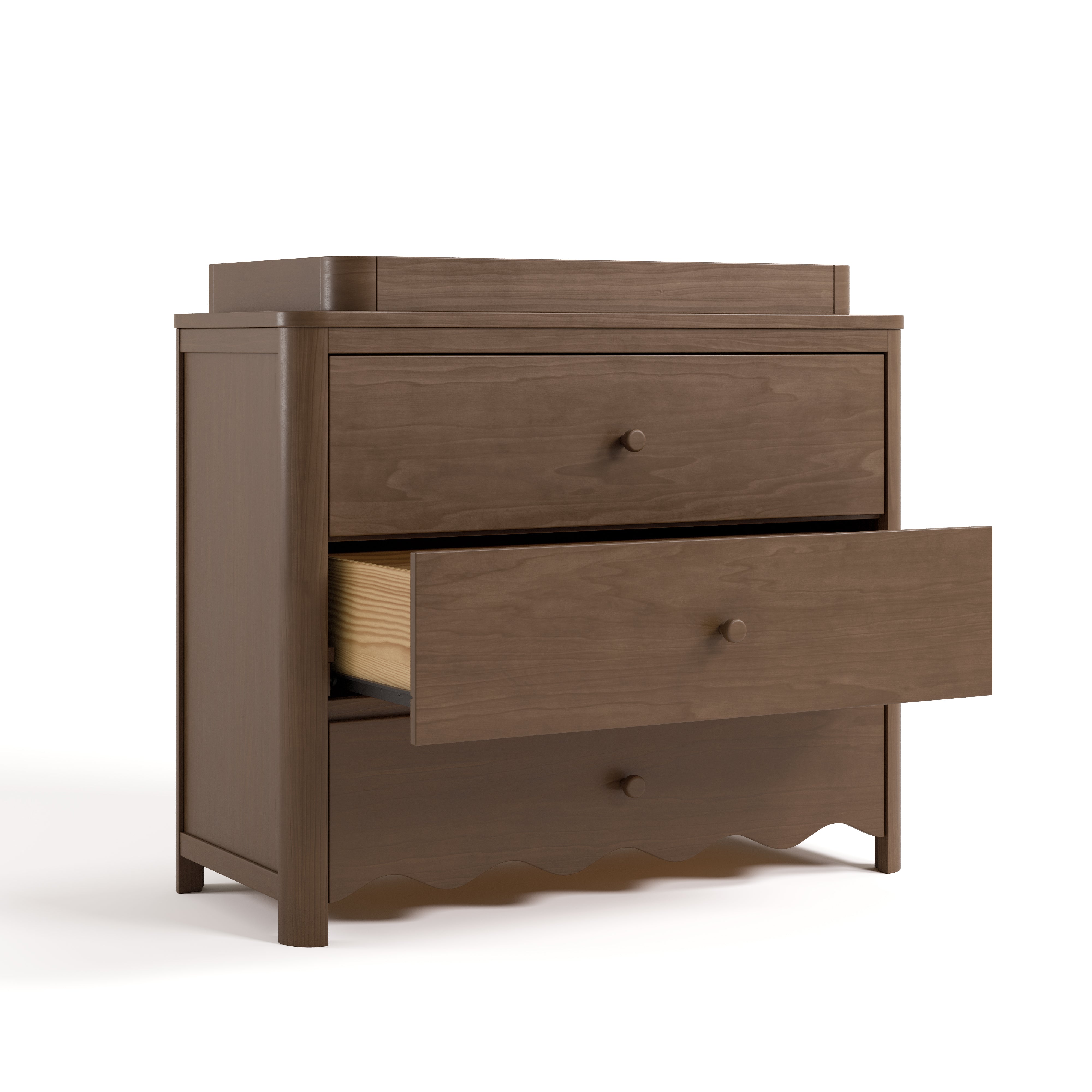 Casablanca hazelnut 3 drawer chest with topper and middle drawer open angle view