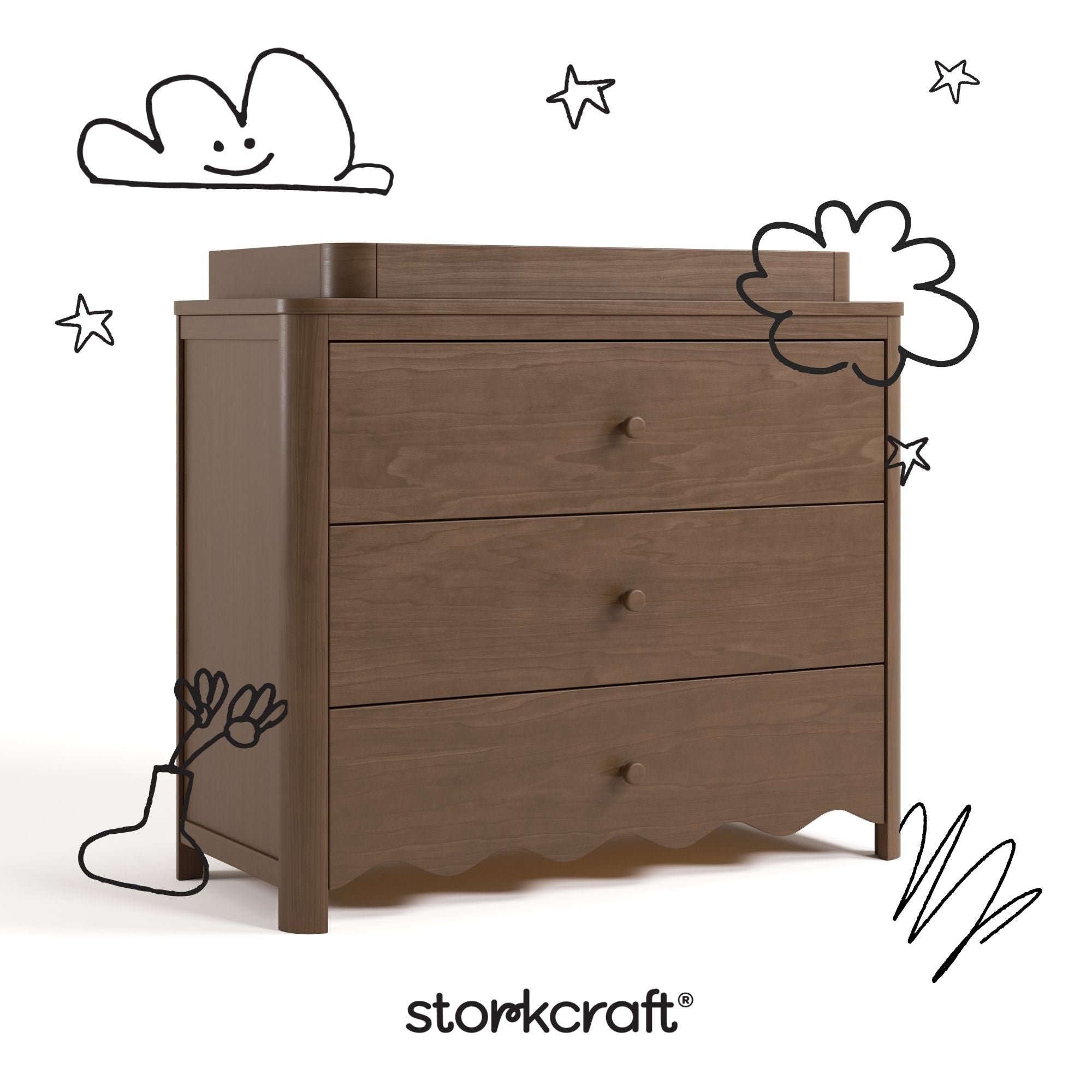 Casablanca hazelnut 3 drawer chest with topper with black doodles overlaid on image