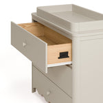 Casablanca frosted oat 3 drawer chest with topper interlocking drawer closeup