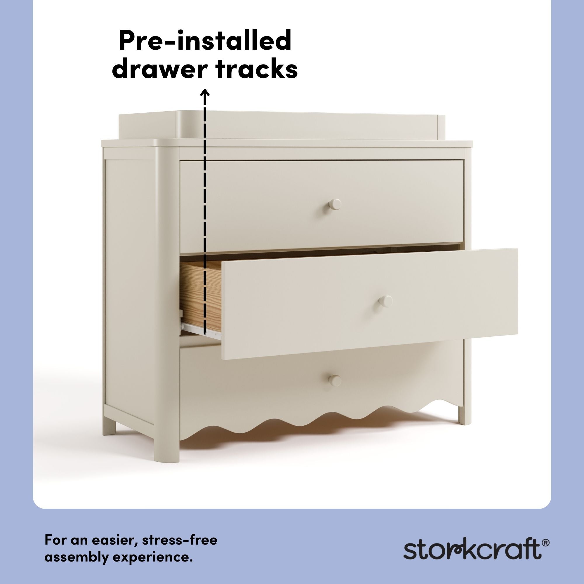 Casablanca frosted oat 3 drawer chest with topper pre-installed drawer tracks callout