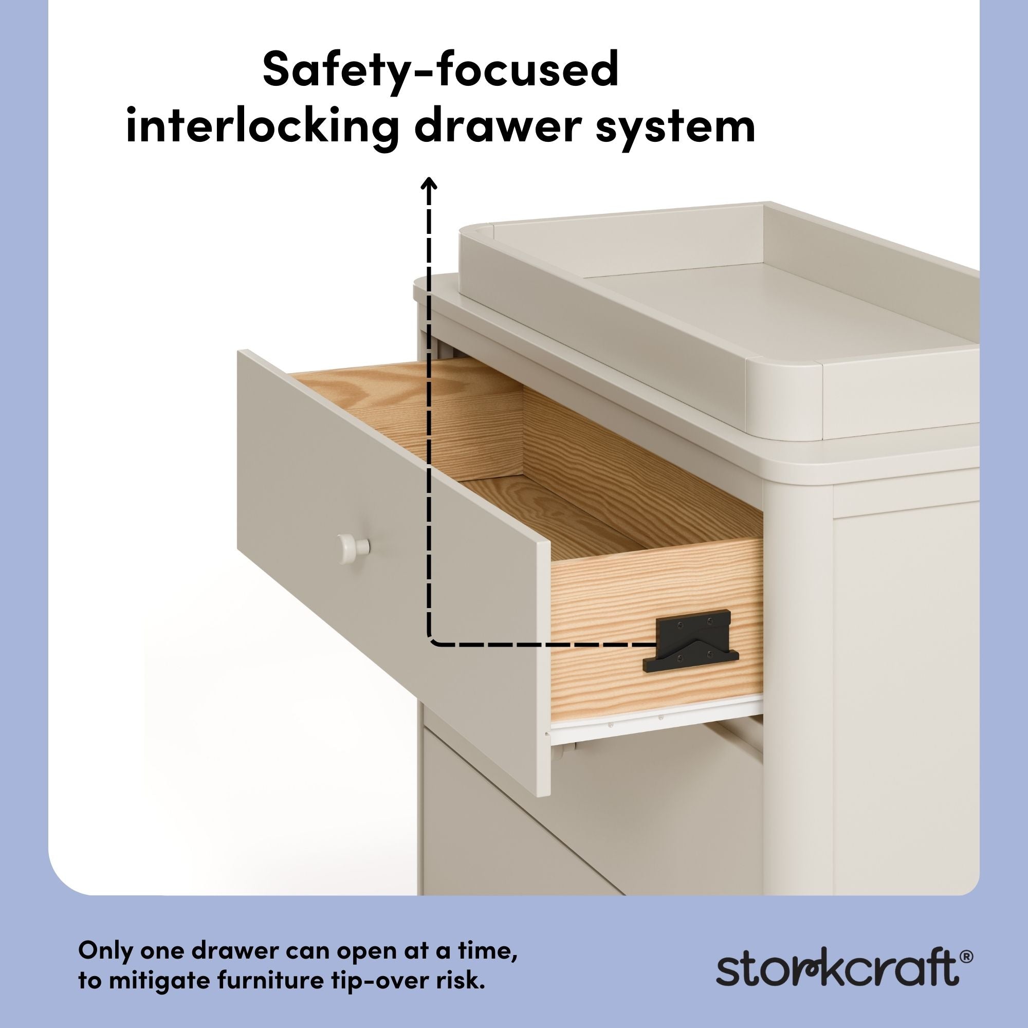 Casablanca frosted oat 3 drawer chest with topper interlocking drawer system callout