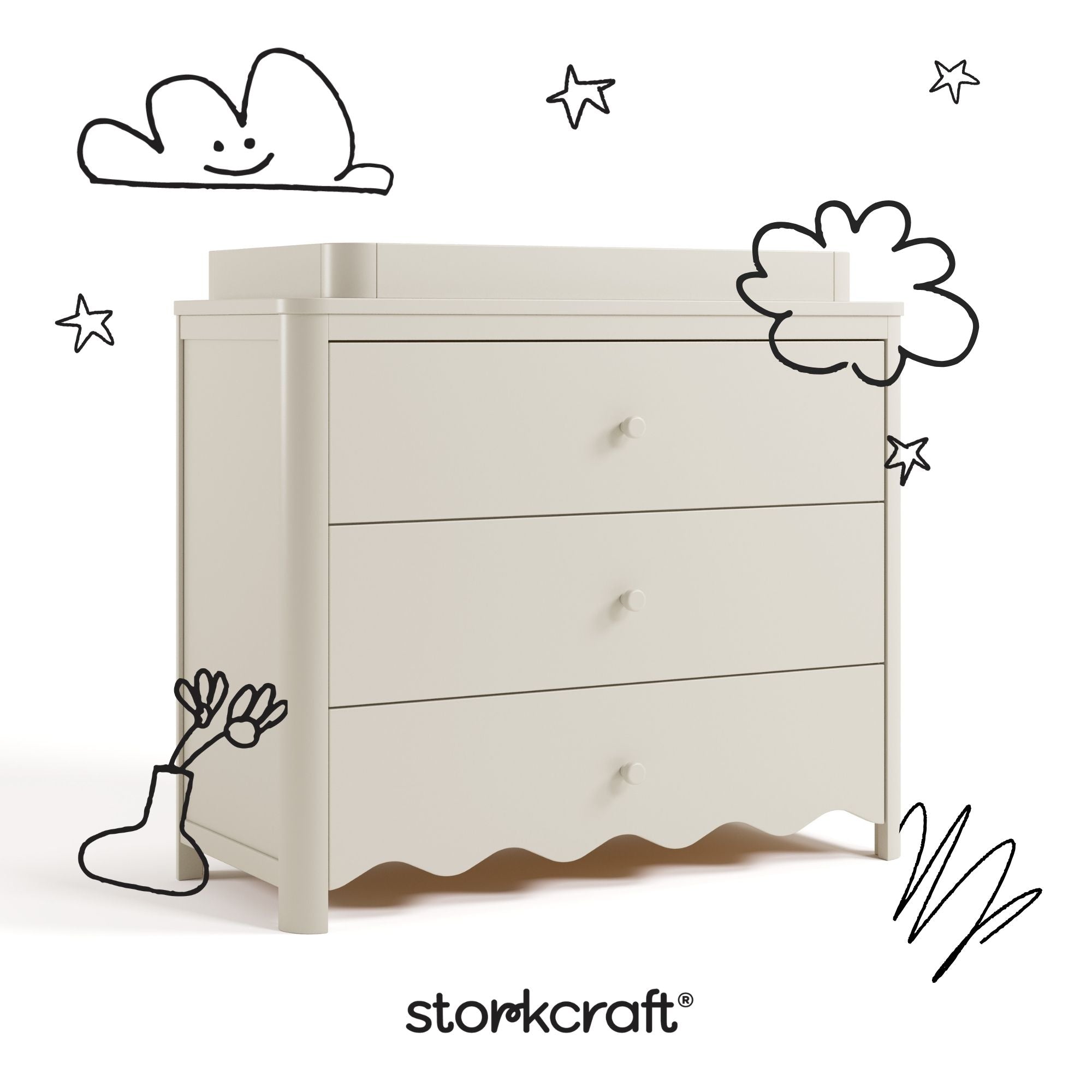 Casablanca frosted oat 3 drawer chest with topper with black doodles overlaid on image