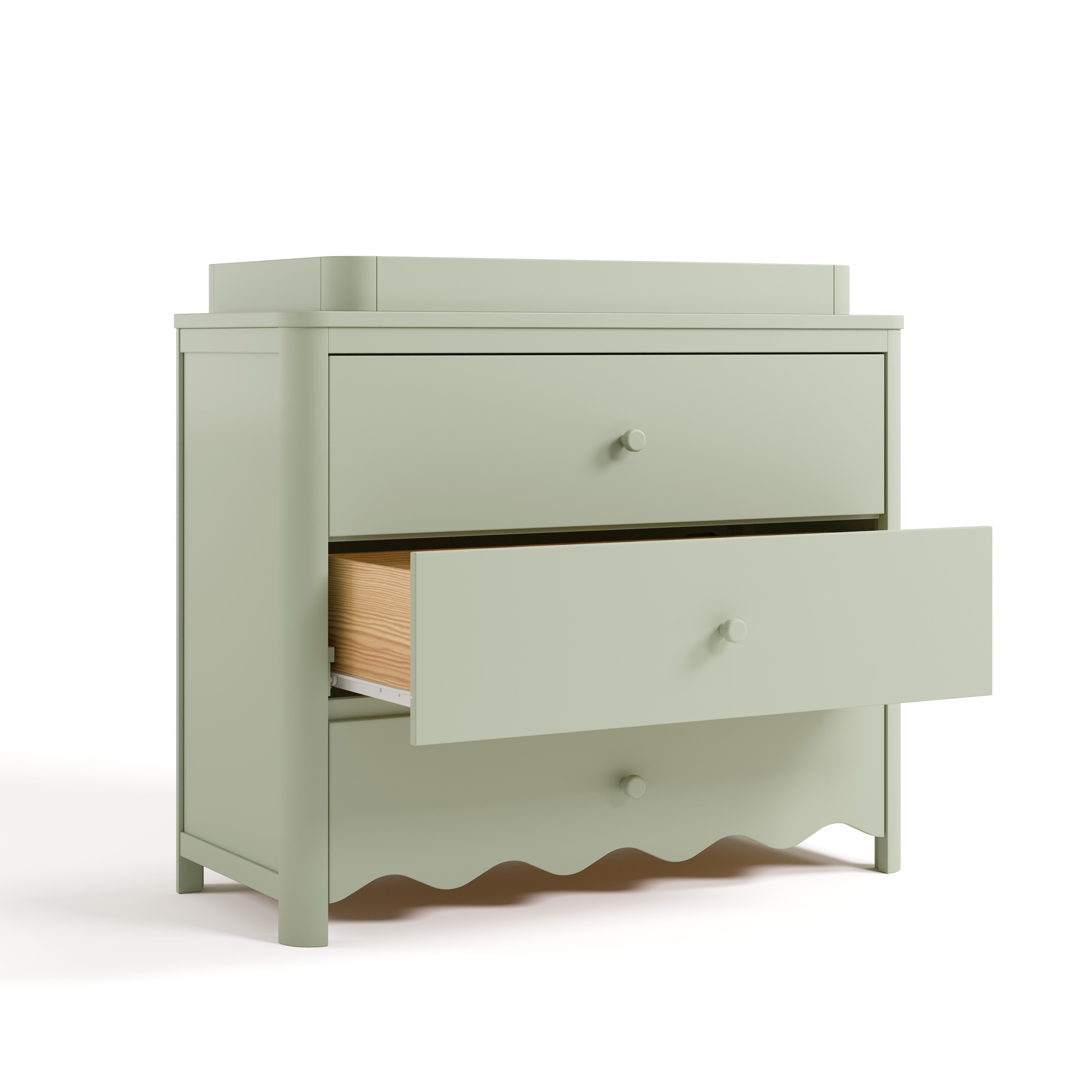 Casablanca sage 3 drawer chest with topper and middle drawer open angle view