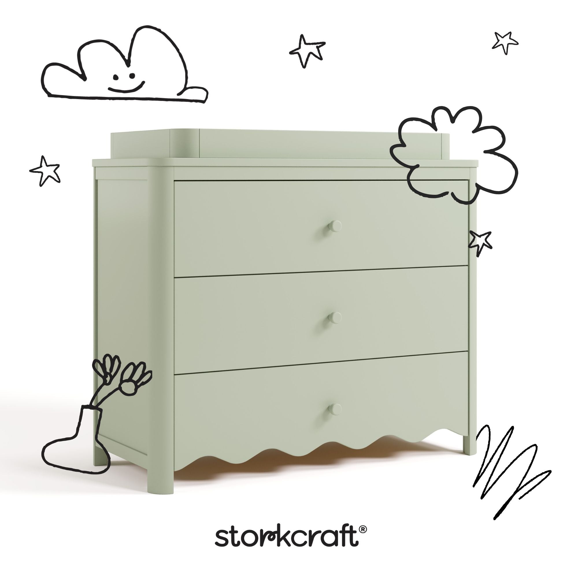 Casablanca sage 3 drawer chest with topper with black doodles overlaid on image