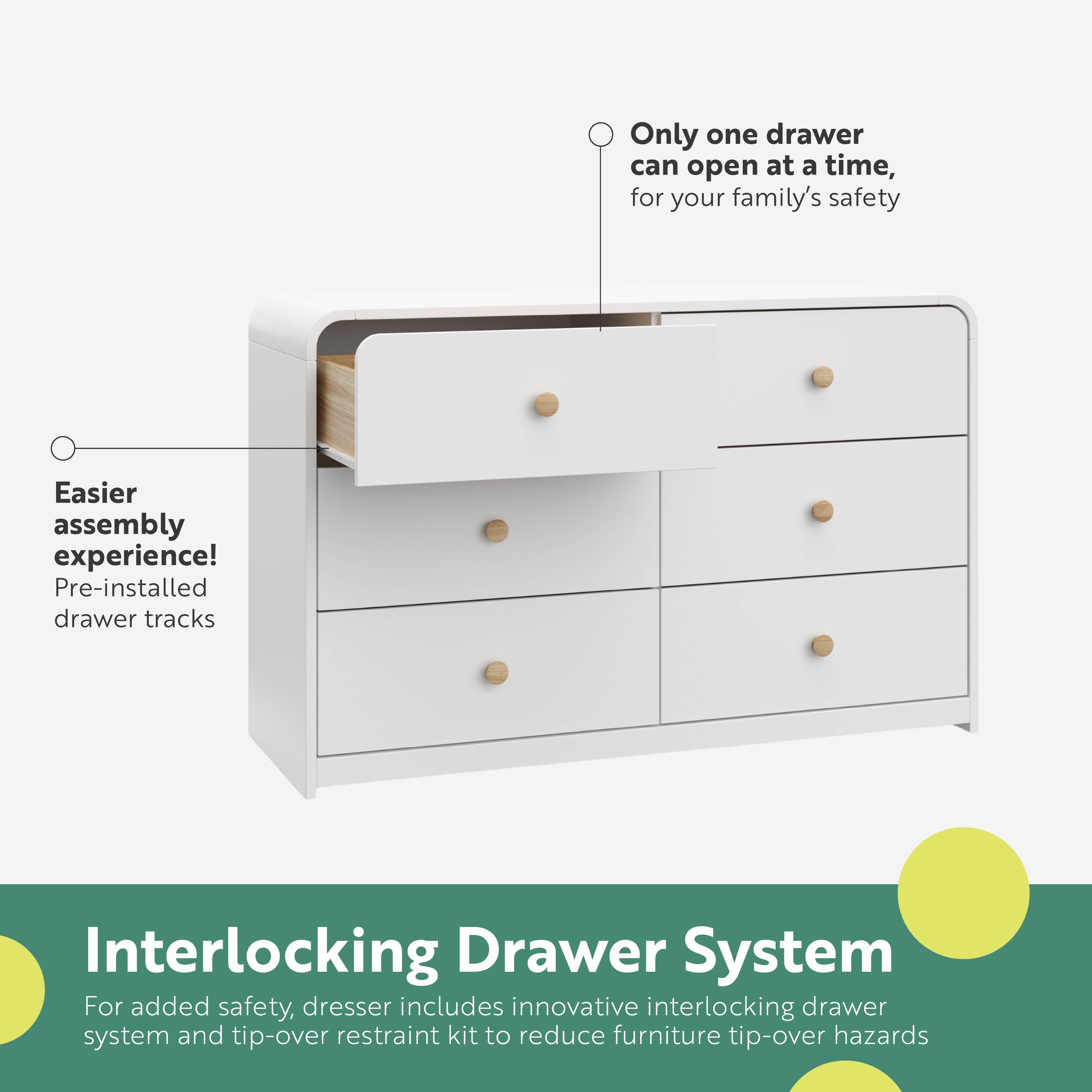 santos 6 drawer white with driftwood dresser interlocking drawer callout
