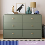santos 6 drawer olive with driftwood dresser in nursery with storkcraftnext written on bottom
