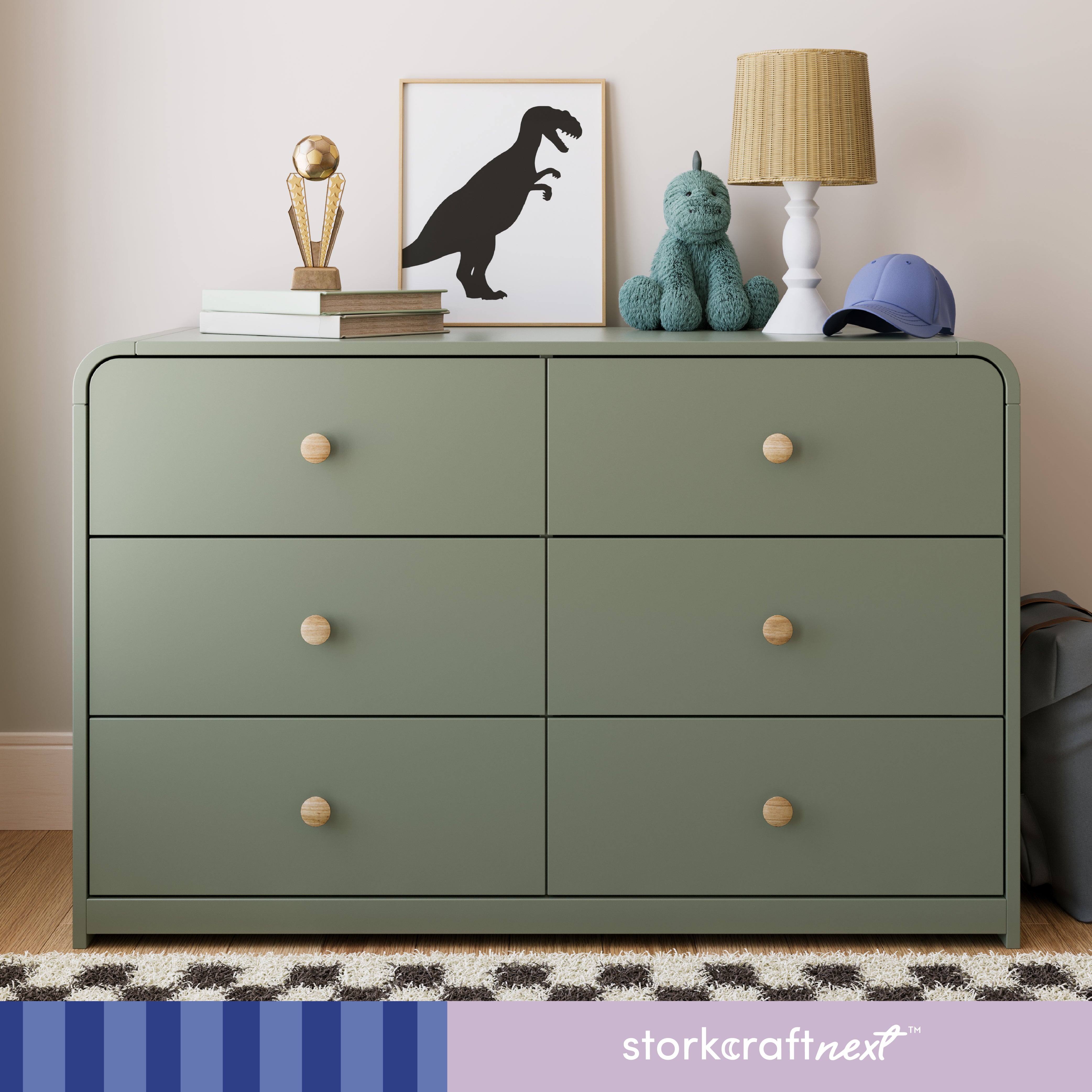 santos 6 drawer olive with driftwood dresser in nursery with storkcraftnext written on bottom