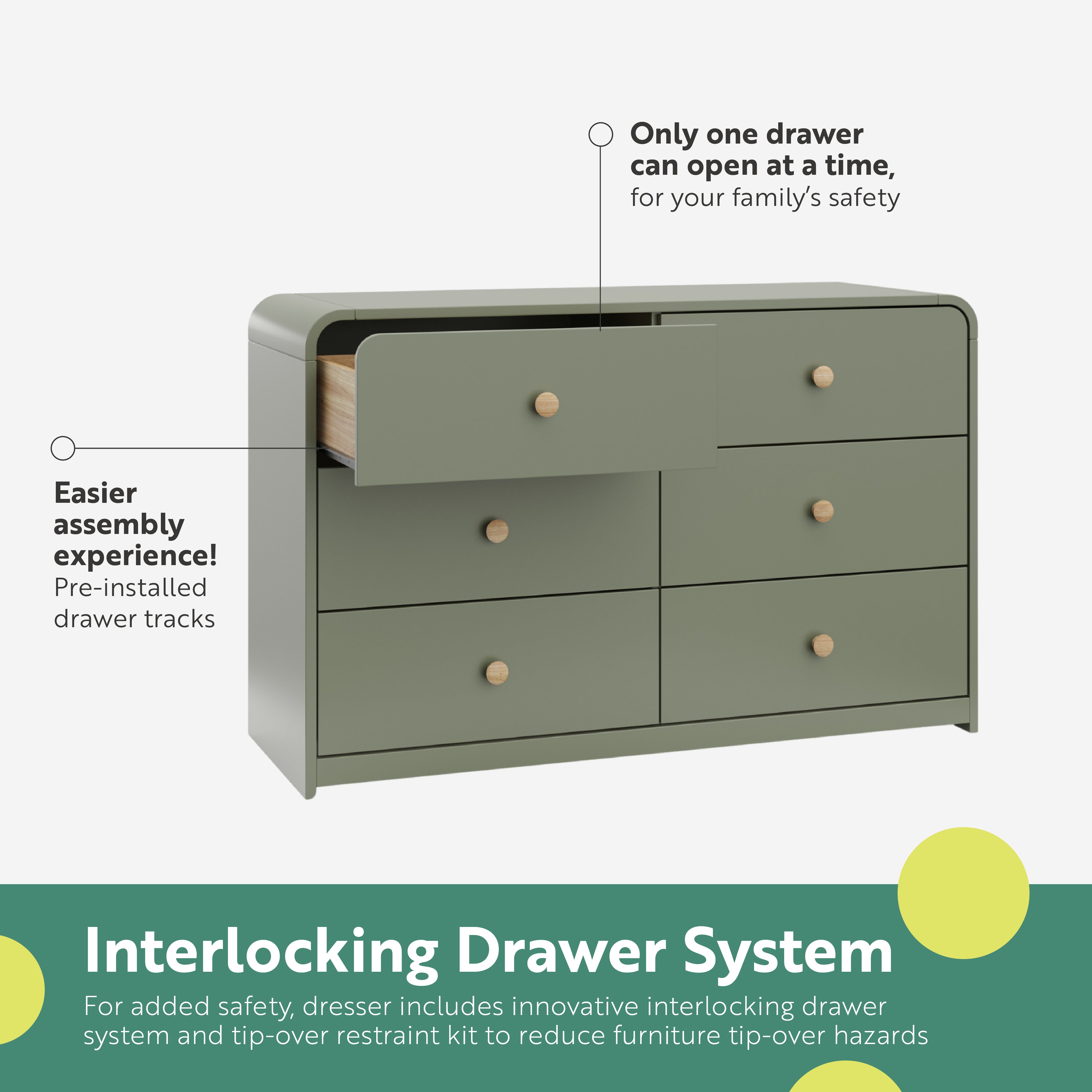 santos 6 drawer olive with driftwood dresser interlocking drawer callout