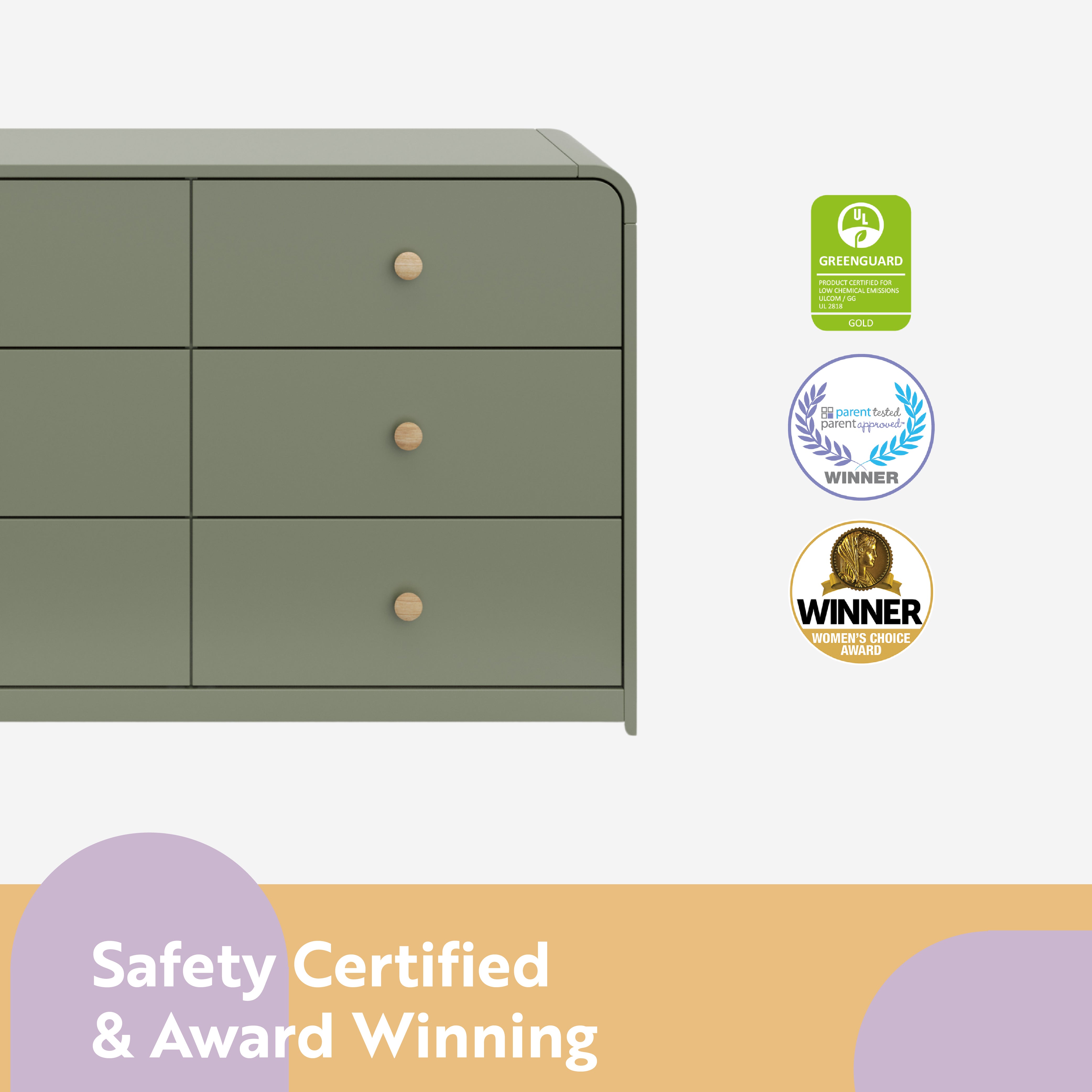 santos 6 drawer olive with driftwood dresser certifications callout