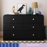 santos 6 drawer black with driftwood dresser in nursery with storkcraftnext written on bottom