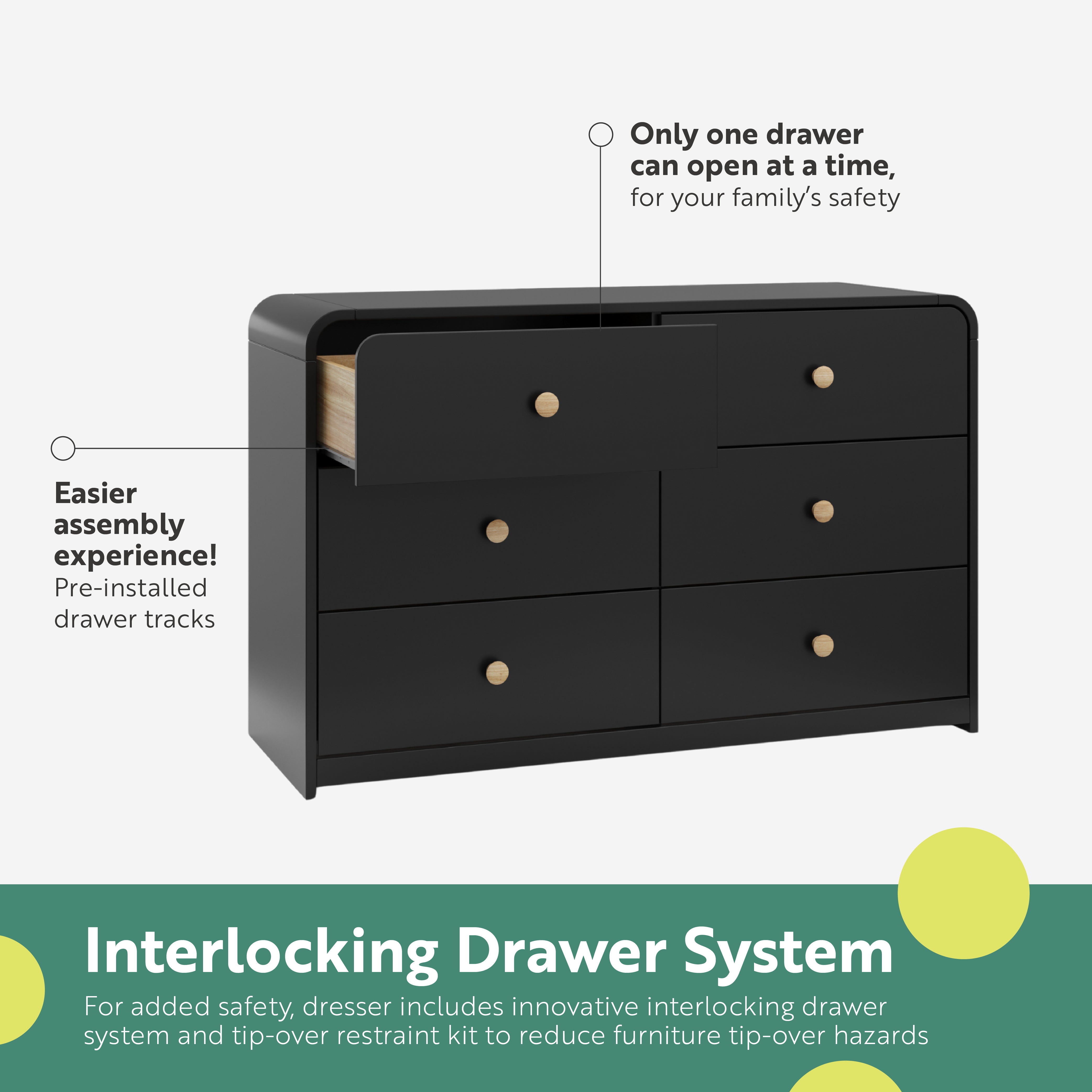 santos 6 drawer black with driftwood dresser interlocking drawer callout
