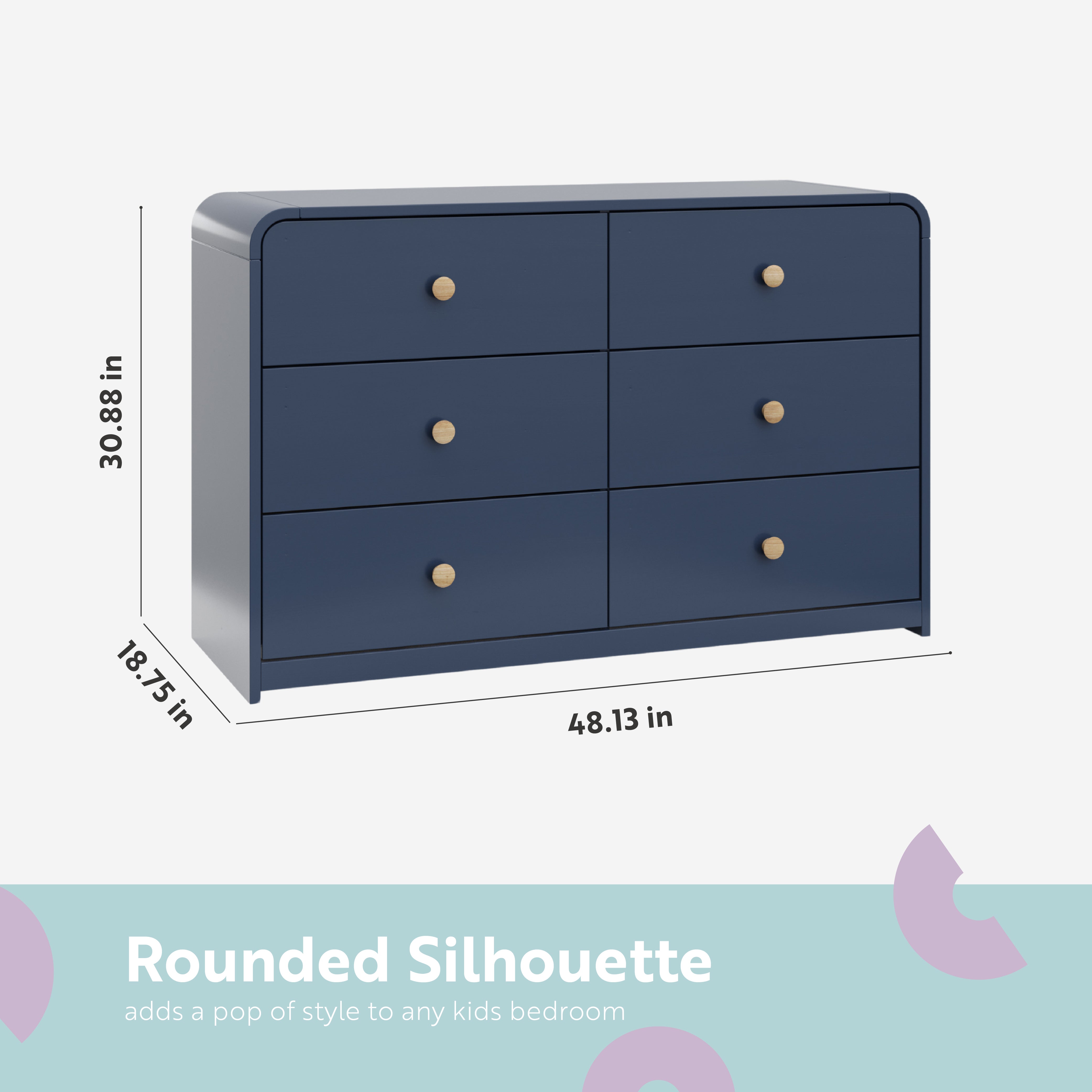 santos 6 drawer midnight blue with driftwood dresser dimensions callout
