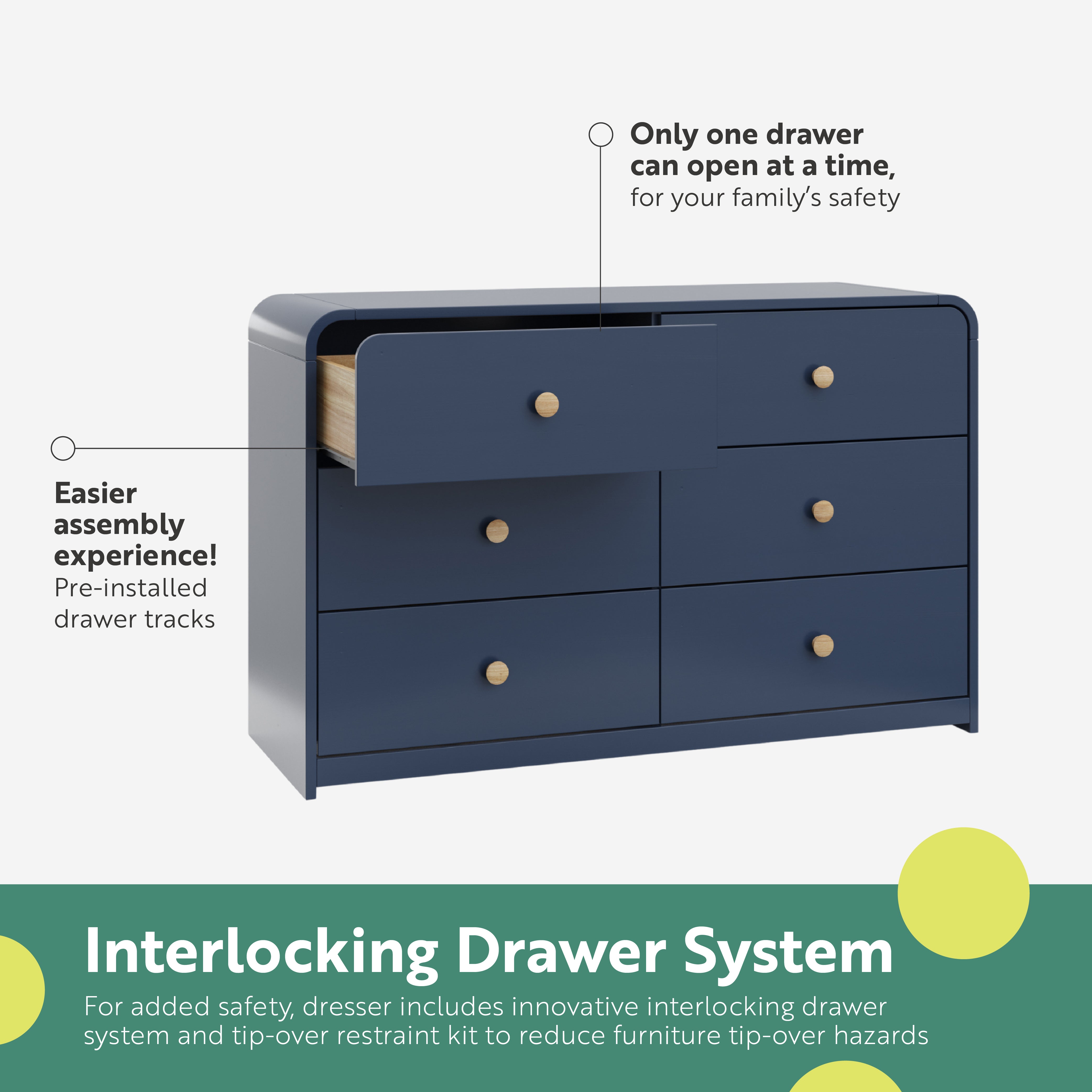 santos 6 drawer midnight blue with driftwood dresser interlocking drawer callout