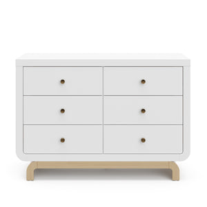 Front view of white 6 drawer dresser with driftwood base 