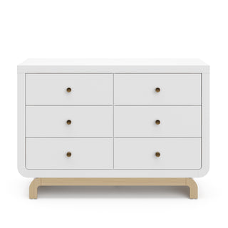 Front view of white 6 drawer dresser with driftwood base 