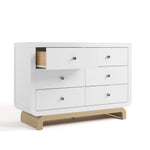 Santorini white with driftwood 6 drawer double dresser angle view with top left drawer open